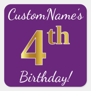 Purple, Faux Gold 4th Birthday + Custom Name Square Sticker