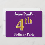 [ Thumbnail: Purple, Faux Gold 4th Birthday Party + Custom Name Invitation ]