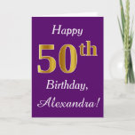 [ Thumbnail: Purple, Faux Gold 50th Birthday + Custom Name Card ]