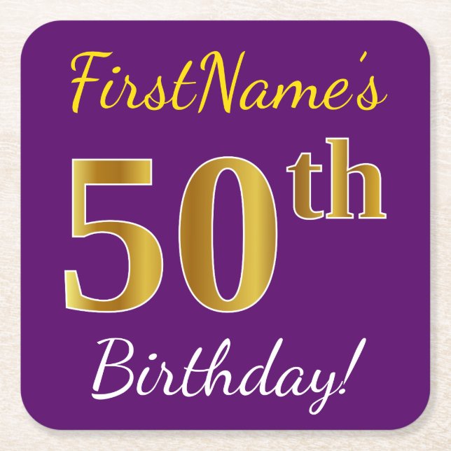 Purple, Faux Gold 50th Birthday + Custom Name Square Paper Coaster (Front)