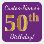 [ Thumbnail: Purple, Faux Gold 50th Birthday + Custom Name Sticker ]