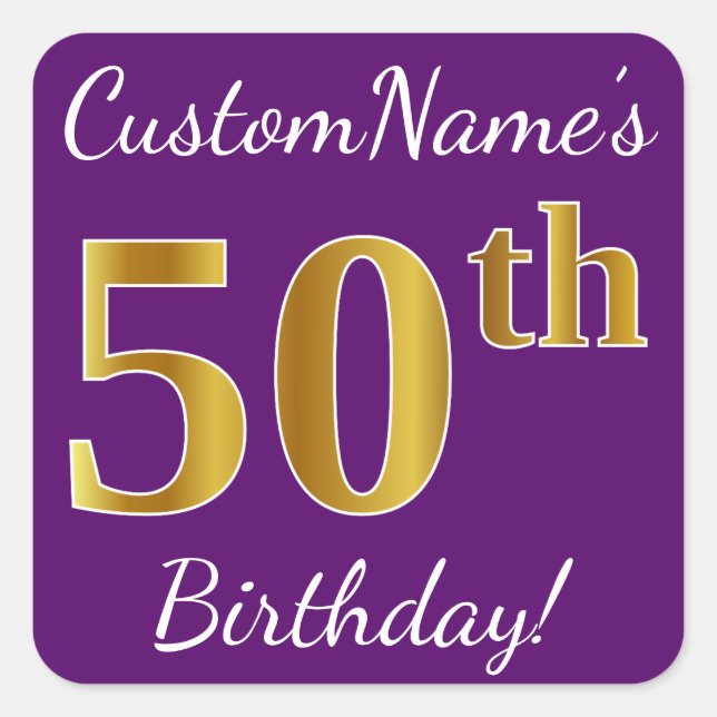 Purple, Faux Gold 50th Birthday + Custom Name Square Sticker (Front)