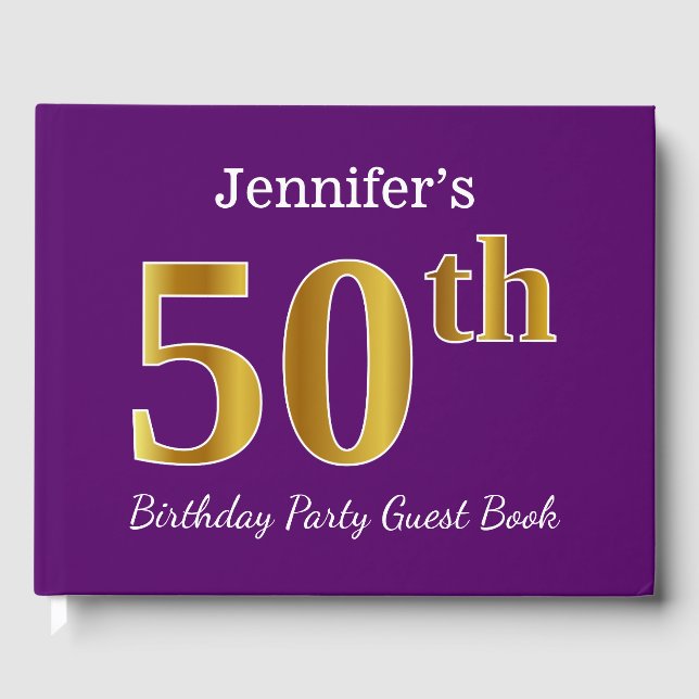 Purple, Faux Gold 50th Birthday Party; Custom Name Guest Book (Front)
