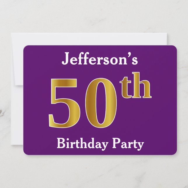 Purple, Faux Gold 50th Birthday Party; Custom Name Invitation (Front)