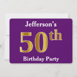 [ Thumbnail: Purple, Faux Gold 50th Birthday Party; Custom Name Invitation ]