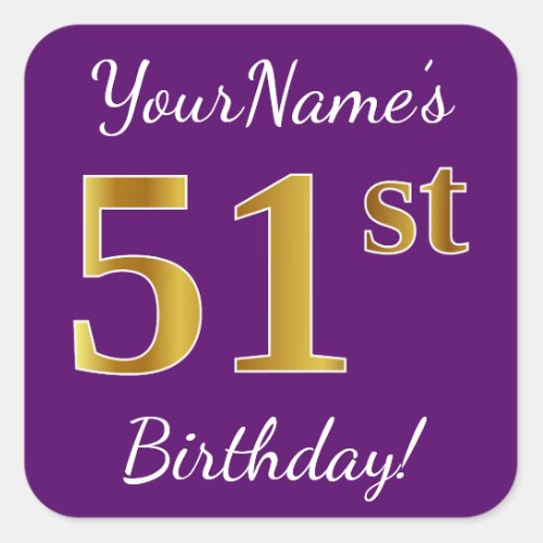 Purple Faux Gold 51st Birthday  Custom Name Square Sticker