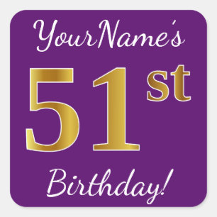 Purple, Faux Gold 51st Birthday + Custom Name Square Sticker