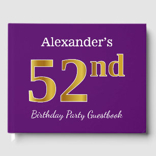Purple, Faux Gold 52nd Birthday Party; Custom Name Guest Book