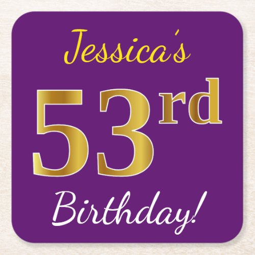Purple Faux Gold 53rd Birthday  Custom Name Square Paper Coaster