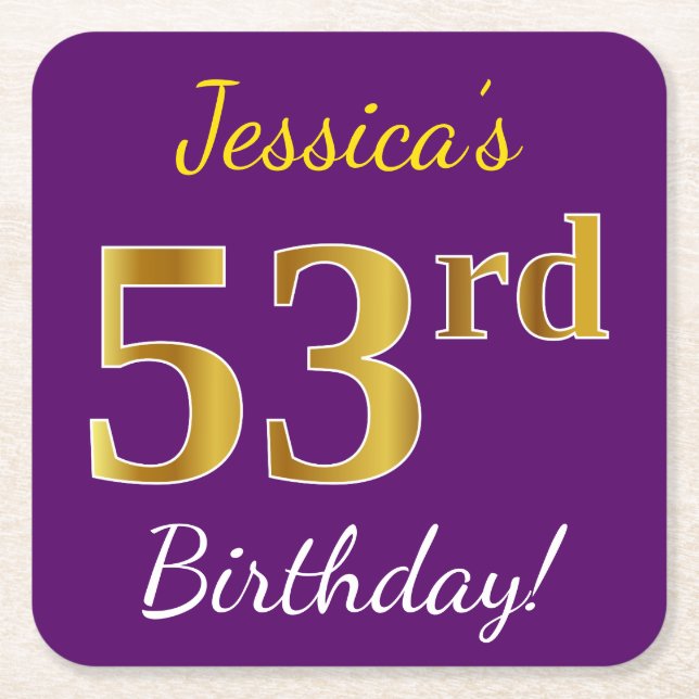 Purple, Faux Gold 53rd Birthday + Custom Name Square Paper Coaster (Front)