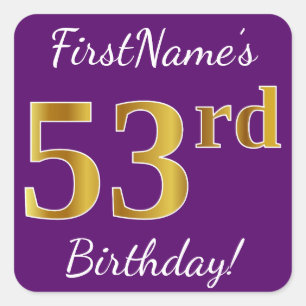Purple, Faux Gold 53rd Birthday + Custom Name Square Sticker