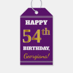 [ Thumbnail: Purple, Faux Gold 54th Birthday + Custom Name Gift Tags ]