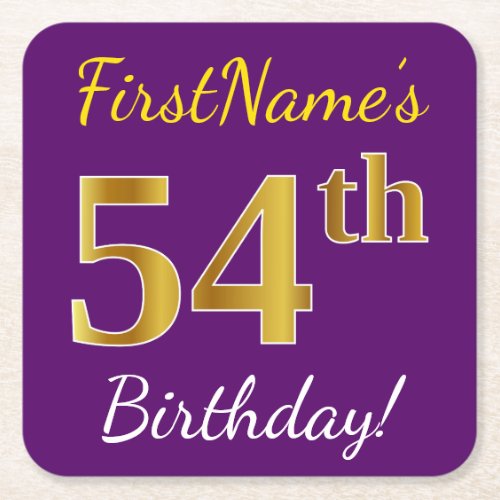 Purple Faux Gold 54th Birthday  Custom Name Square Paper Coaster