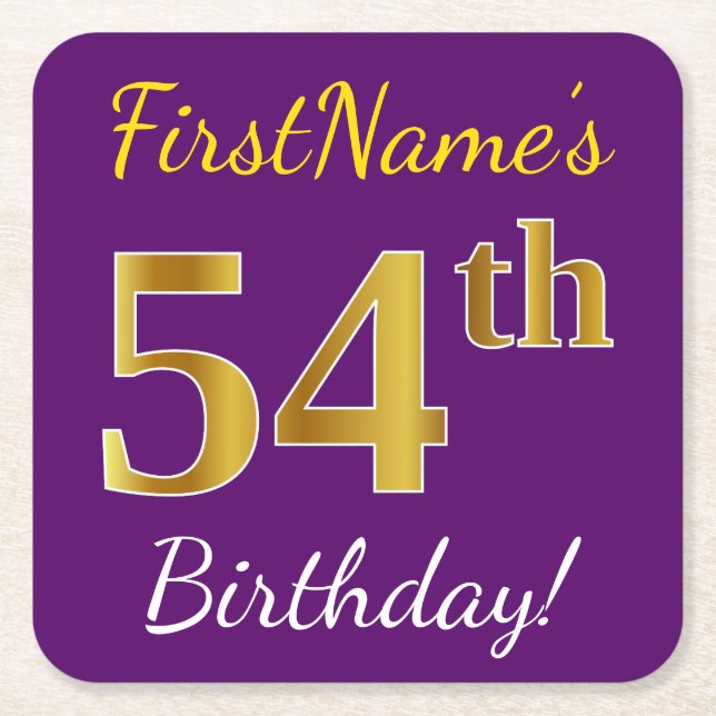 Purple, Faux Gold 54th Birthday + Custom Name Square Paper Coaster (Front)