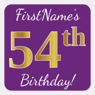 Purple, Faux Gold 54th Birthday + Custom Name Square Sticker