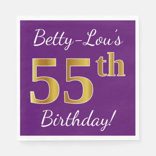 Purple, Faux Gold 55th Birthday + Custom Name Paper Napkins (Front)