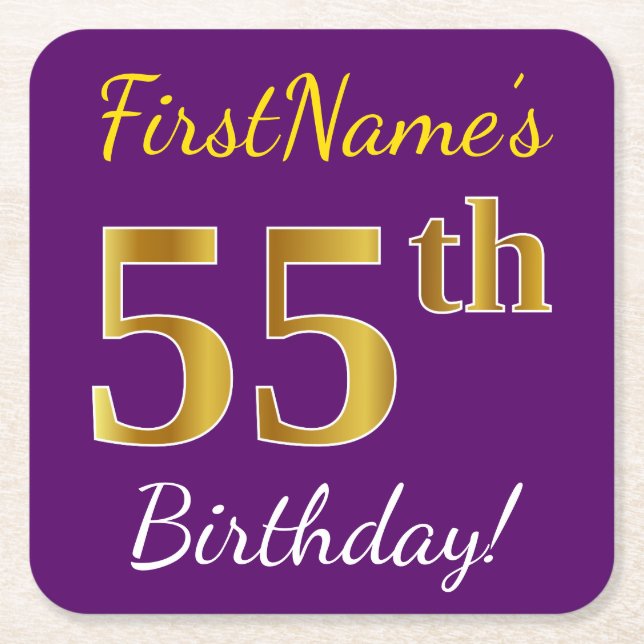 Purple, Faux Gold 55th Birthday + Custom Name Square Paper Coaster (Front)