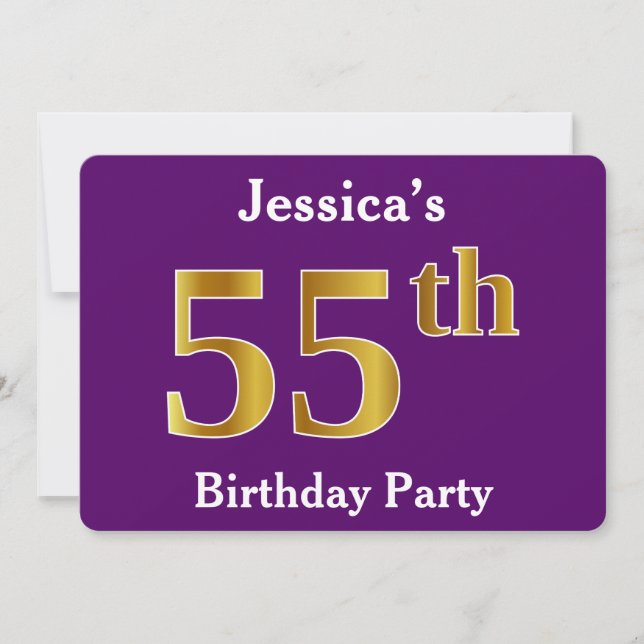 Purple, Faux Gold 55th Birthday Party; Custom Name Invitation (Front)