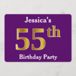 [ Thumbnail: Purple, Faux Gold 55th Birthday Party; Custom Name Invitation ]