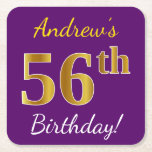 [ Thumbnail: Purple, Faux Gold 56th Birthday + Custom Name Paper Coaster ]