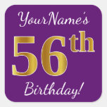 [ Thumbnail: Purple, Faux Gold 56th Birthday + Custom Name Sticker ]