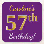 [ Thumbnail: Purple, Faux Gold 57th Birthday + Custom Name Paper Coaster ]