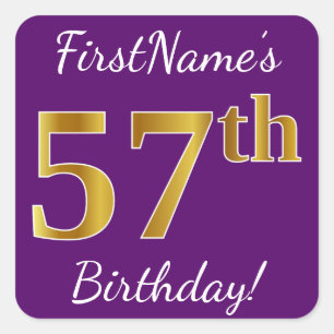 Purple, Faux Gold 57th Birthday + Custom Name Square Sticker