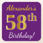 [ Thumbnail: Purple, Faux Gold 58th Birthday + Custom Name Paper Coaster ]