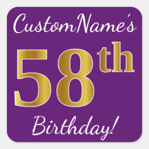 Purple, Faux Gold 58th Birthday + Custom Name Square Sticker