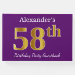 [ Thumbnail: Purple, Faux Gold 58th Birthday Party; Custom Name Guest Book ]