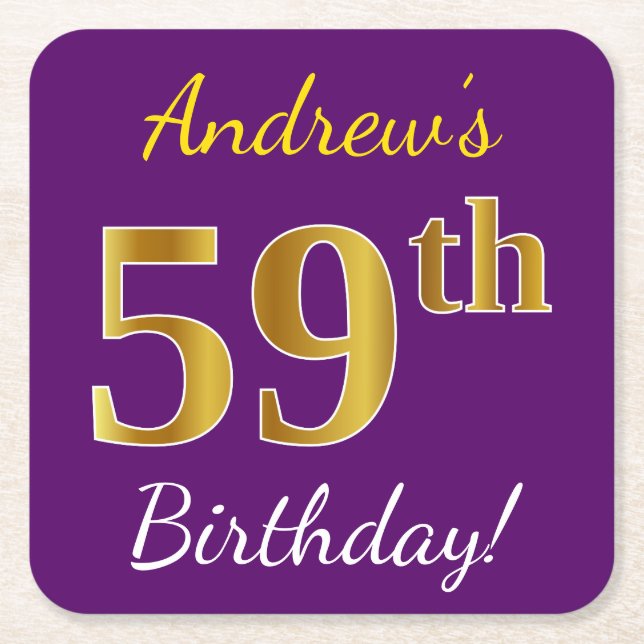 Purple, Faux Gold 59th Birthday + Custom Name Square Paper Coaster (Front)