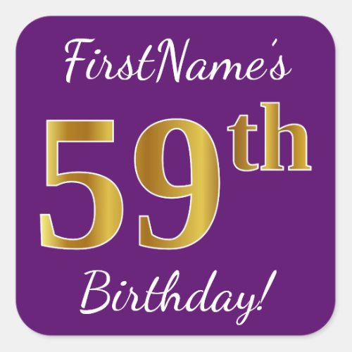 Purple Faux Gold 59th Birthday  Custom Name Square Sticker