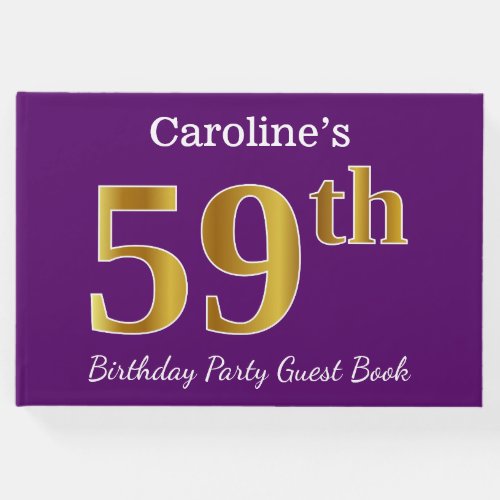 Purple Faux Gold 59th Birthday Party Custom Name Guest Book