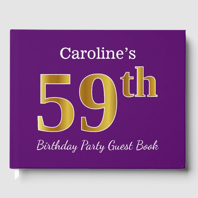 Purple, Faux Gold 59th Birthday Party; Custom Name Guest Book (Front)
