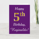 [ Thumbnail: Purple, Faux Gold 5th Birthday + Custom Name Card ]