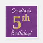 [ Thumbnail: Purple, Faux Gold 5th Birthday + Custom Name Napkin ]