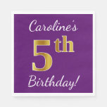 [ Thumbnail: Purple, Faux Gold 5th Birthday + Custom Name Napkins ]