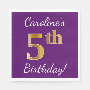 Purple, Faux Gold 5th Birthday + Custom Name Napkins