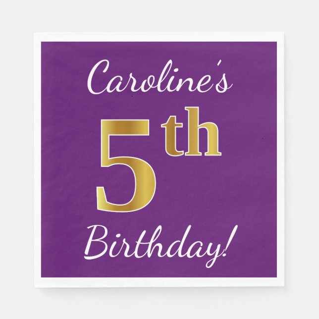 Purple, Faux Gold 5th Birthday + Custom Name Napkins (Front)