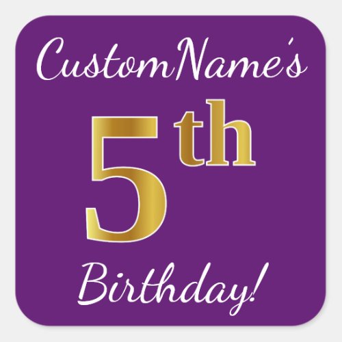 Purple Faux Gold 5th Birthday  Custom Name Square Sticker