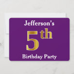 [ Thumbnail: Purple, Faux Gold 5th Birthday Party + Custom Name Invitation ]