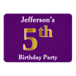 [ Thumbnail: Purple, Faux Gold 5th Birthday Party + Custom Name Invitation ]