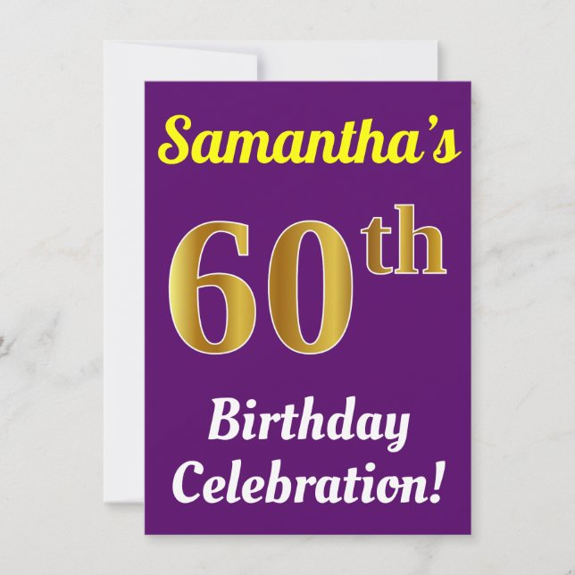 Purple, Faux Gold 60th Birthday Celebration + Name Invitation (Front)
