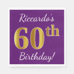 [ Thumbnail: Purple, Faux Gold 60th Birthday + Custom Name Napkins ]