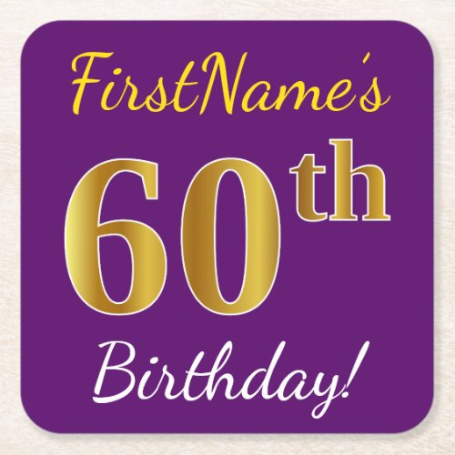 Purple Faux Gold 60th Birthday  Custom Name Square Paper Coaster