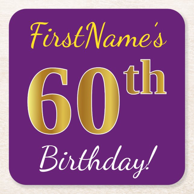 Purple, Faux Gold 60th Birthday + Custom Name Square Paper Coaster (Front)