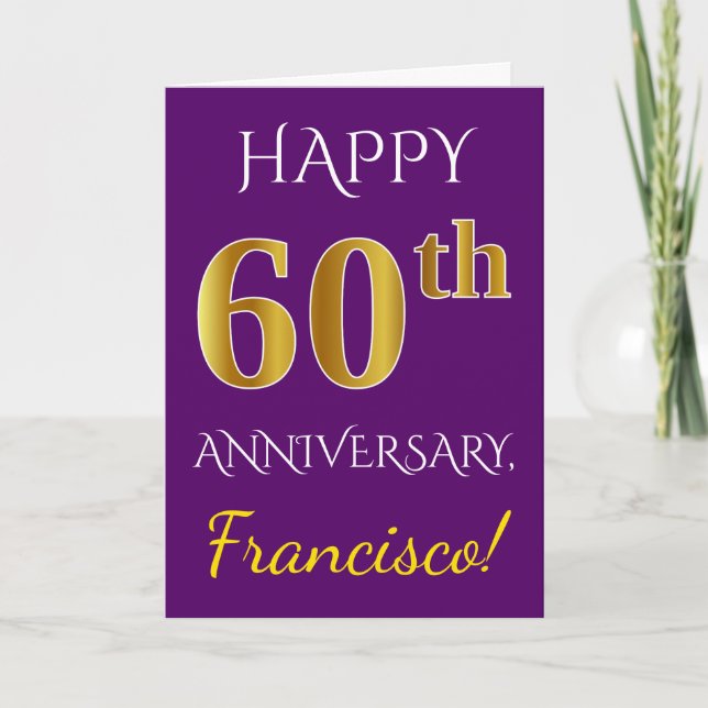 Purple, Faux Gold 60th Wedding Anniversary + Name Card (Front)