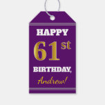 [ Thumbnail: Purple, Faux Gold 61st Birthday + Custom Name Gift Tags ]