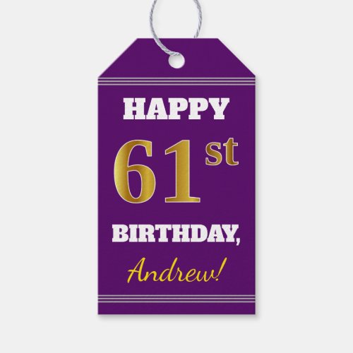Purple Faux Gold 61st Birthday  Custom Name Gift Tags