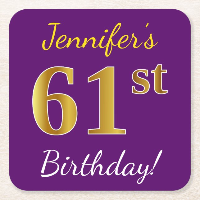 Purple, Faux Gold 61st Birthday + Custom Name Square Paper Coaster (Front)